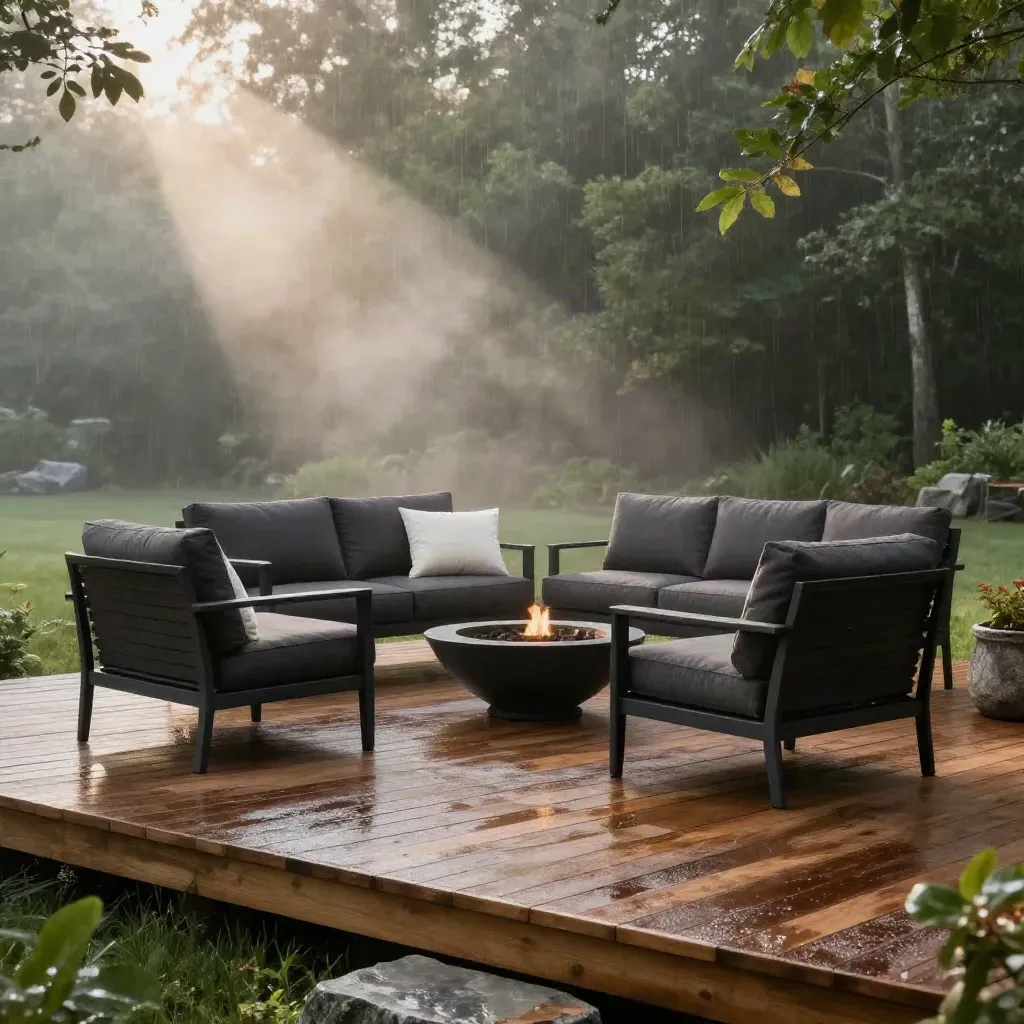 Luxury patio set on a rain-darkened deck at dusk with mist, fire bowl, and planters.