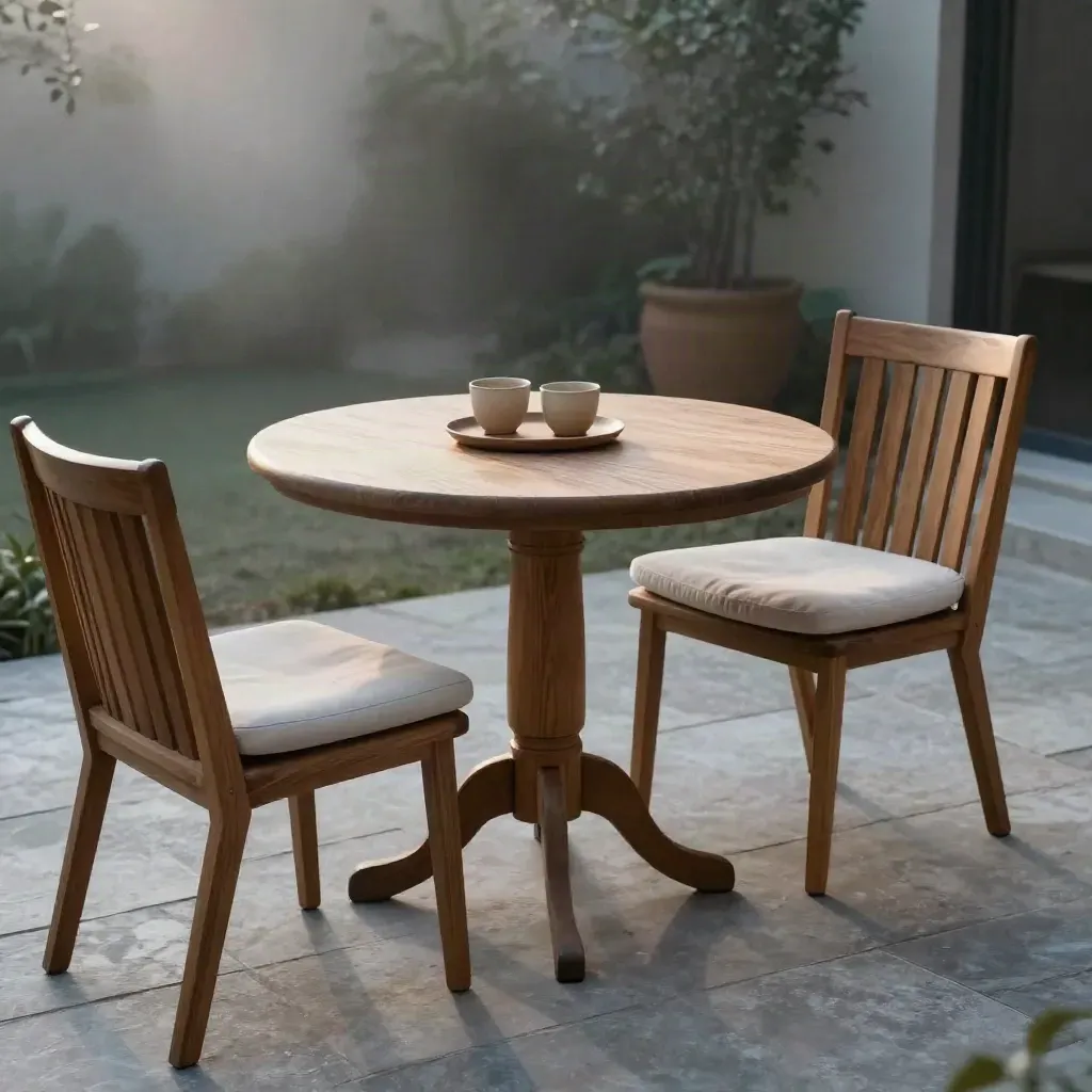 Pine bistro set with two chairs and cups on a pale stone terrace in cool dawn light