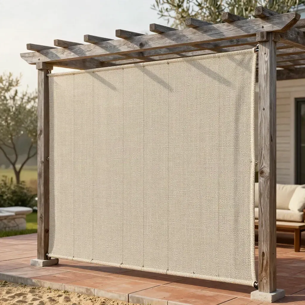 Pergola privacy screen on a terracotta patio with soft daylight and breeze
