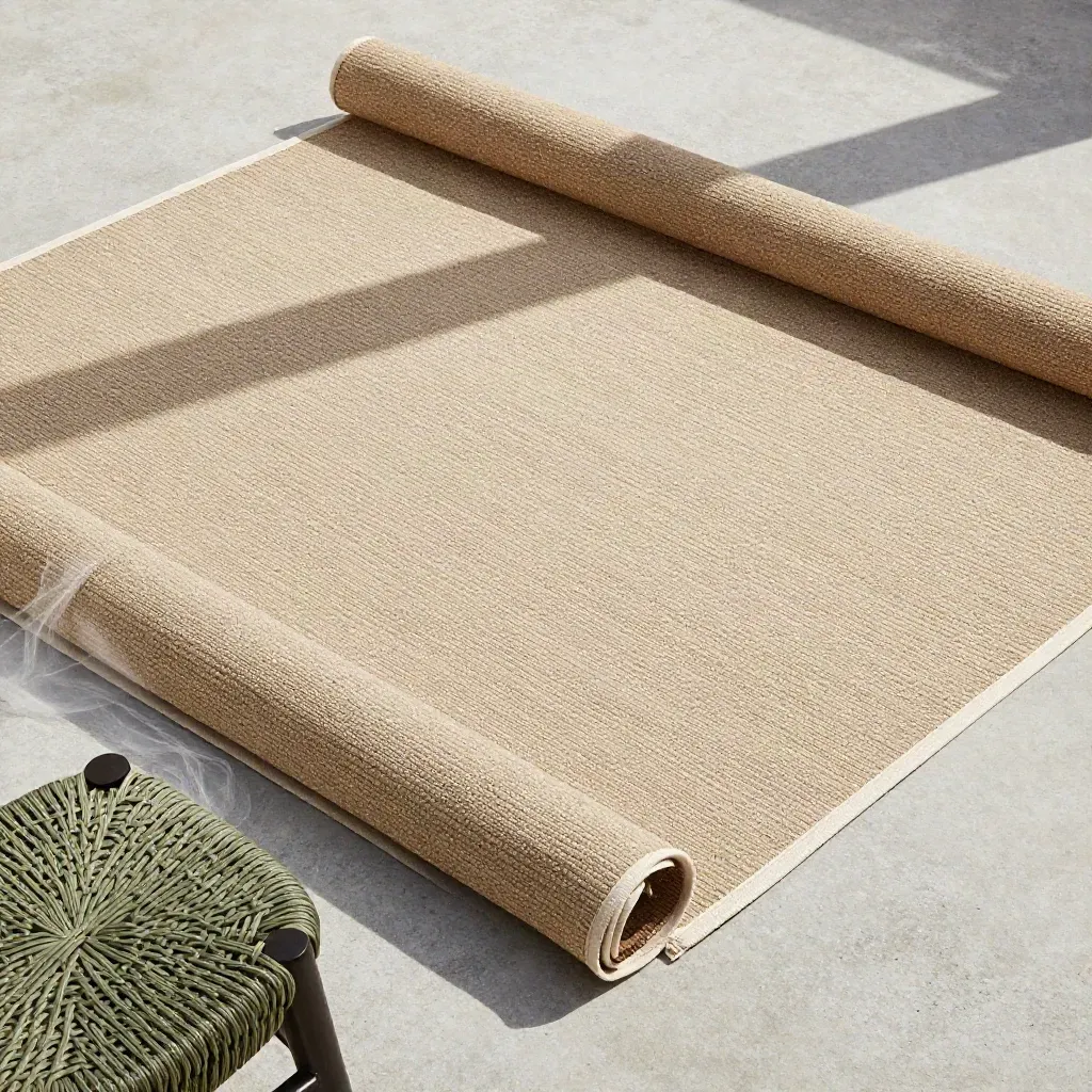 Overhead flatlay of a low-pile outdoor rug with woven stool on concrete, in olive and khaki tones.