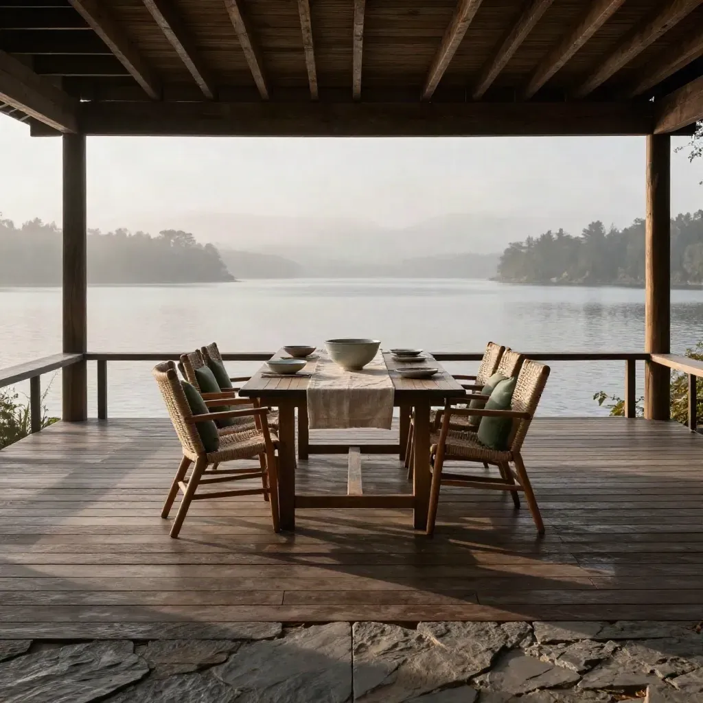 Cedar lakeside veranda with dining set silhouettes, stone floor, mist, and silvery water beyond