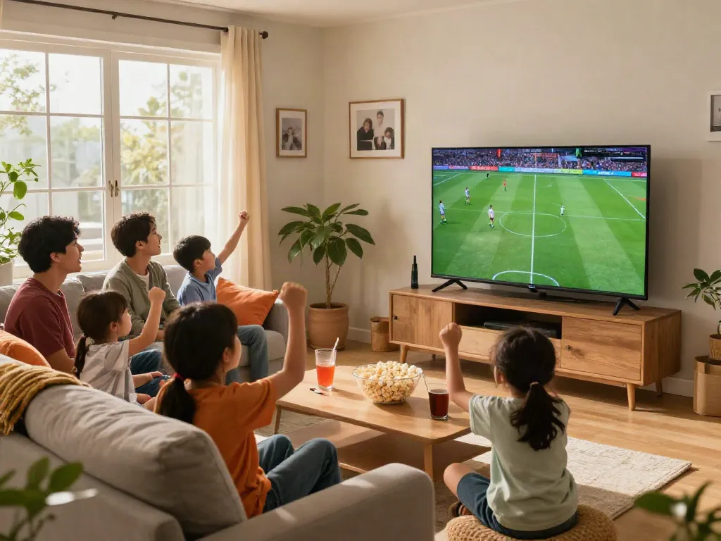 Family watching sports on FilmyZilla app in cozy living room.